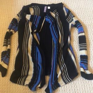 Blue, purple, tan, and black meshish jacket